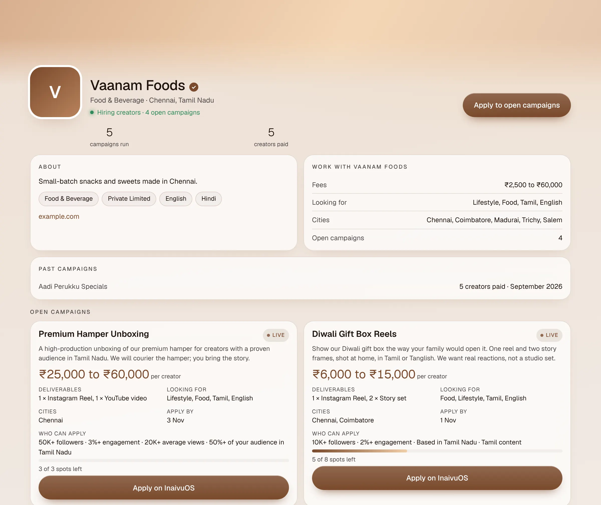 A brand's public page with its open campaigns