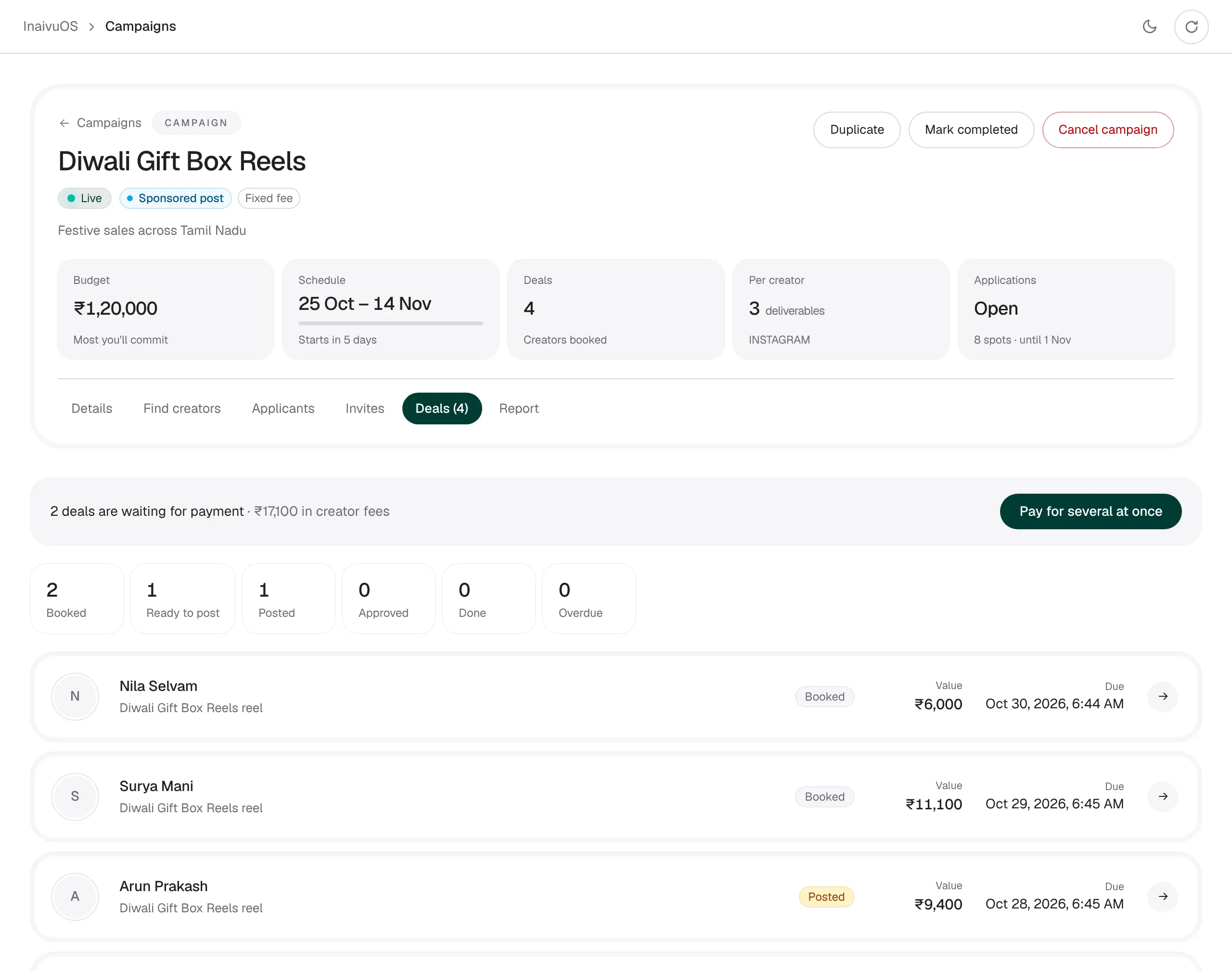 A campaign's deals by stage, with a button to pay several creators at once