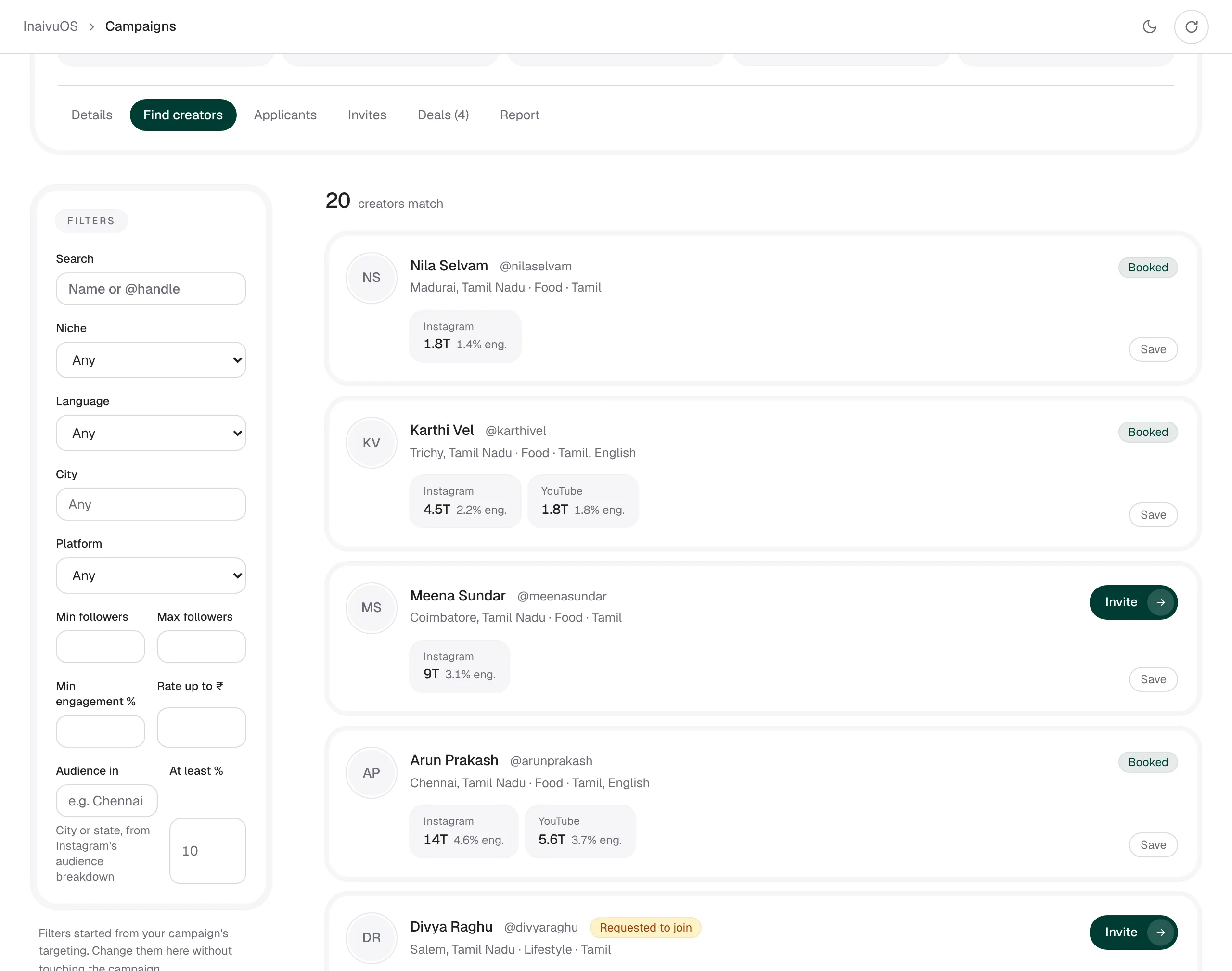 Finding creators for a campaign, with filters and each creator's Instagram and YouTube numbers