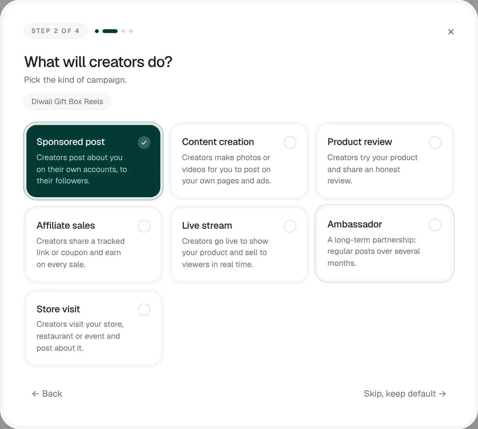 Setting up a campaign: choosing what creators will do, from sponsored post to store visit