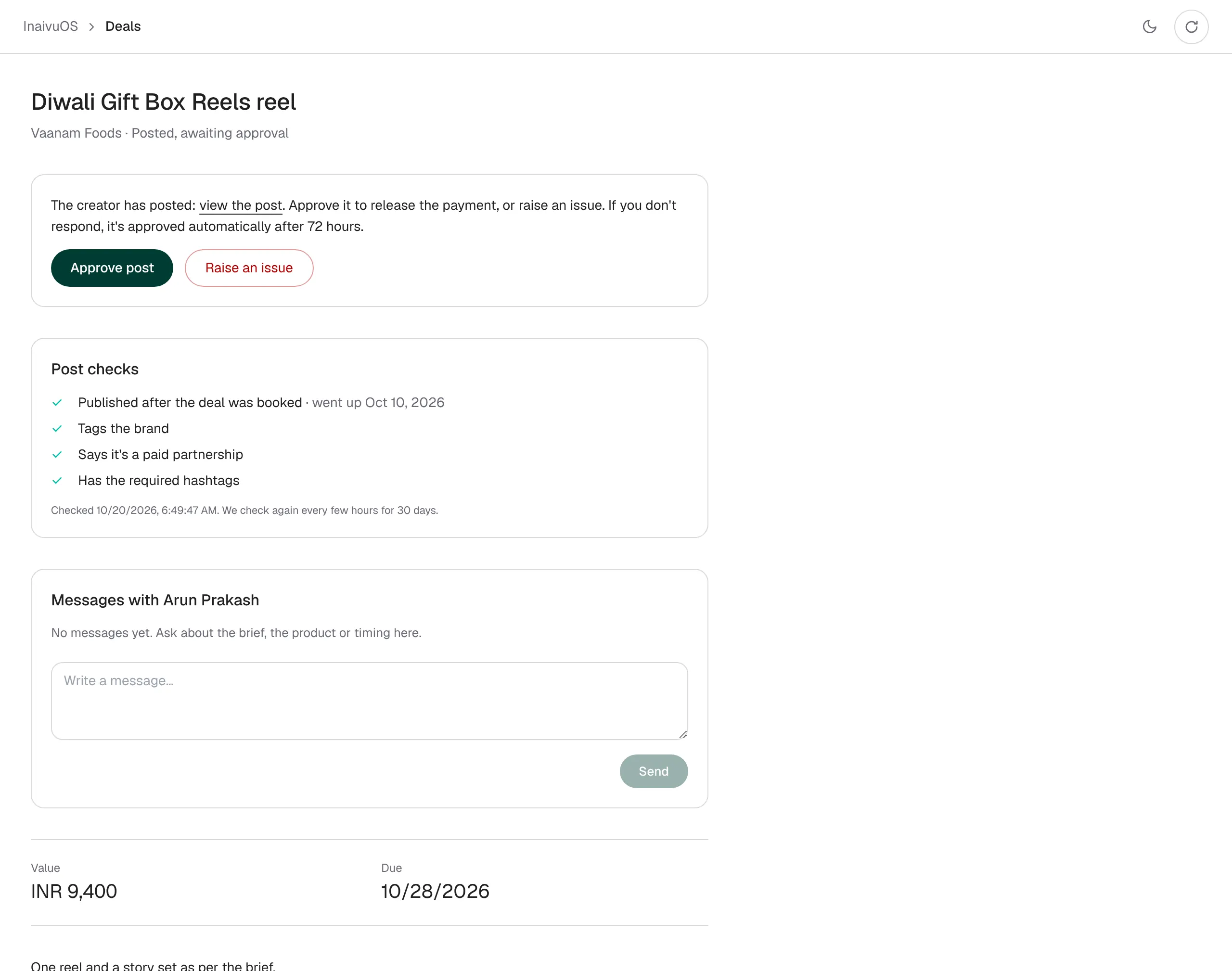 A posted deal with checks for the brand tag, paid-partnership disclosure and hashtags