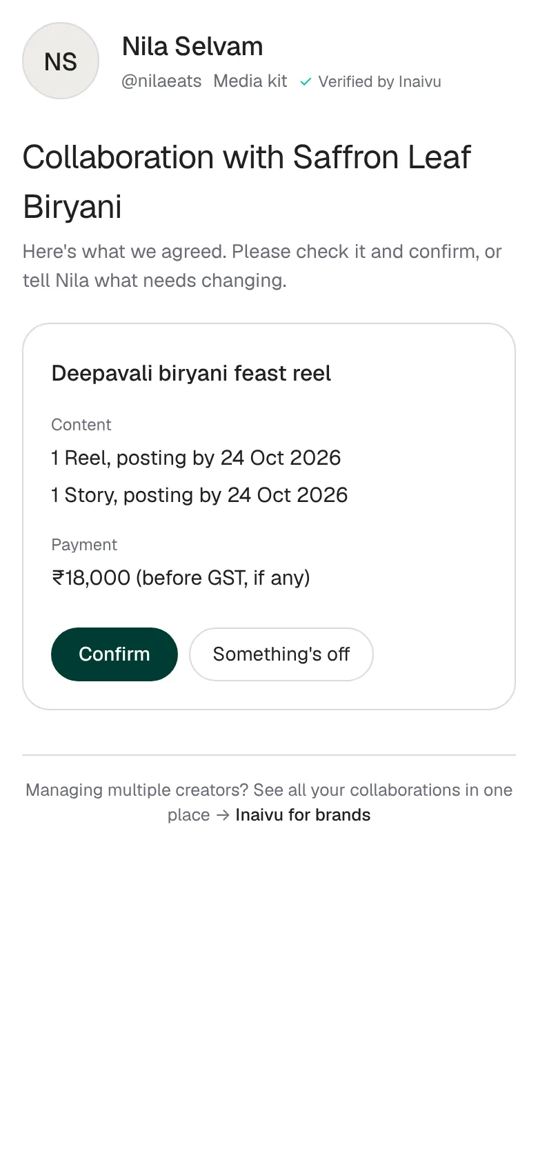 The page the brand sees, with the brief to confirm