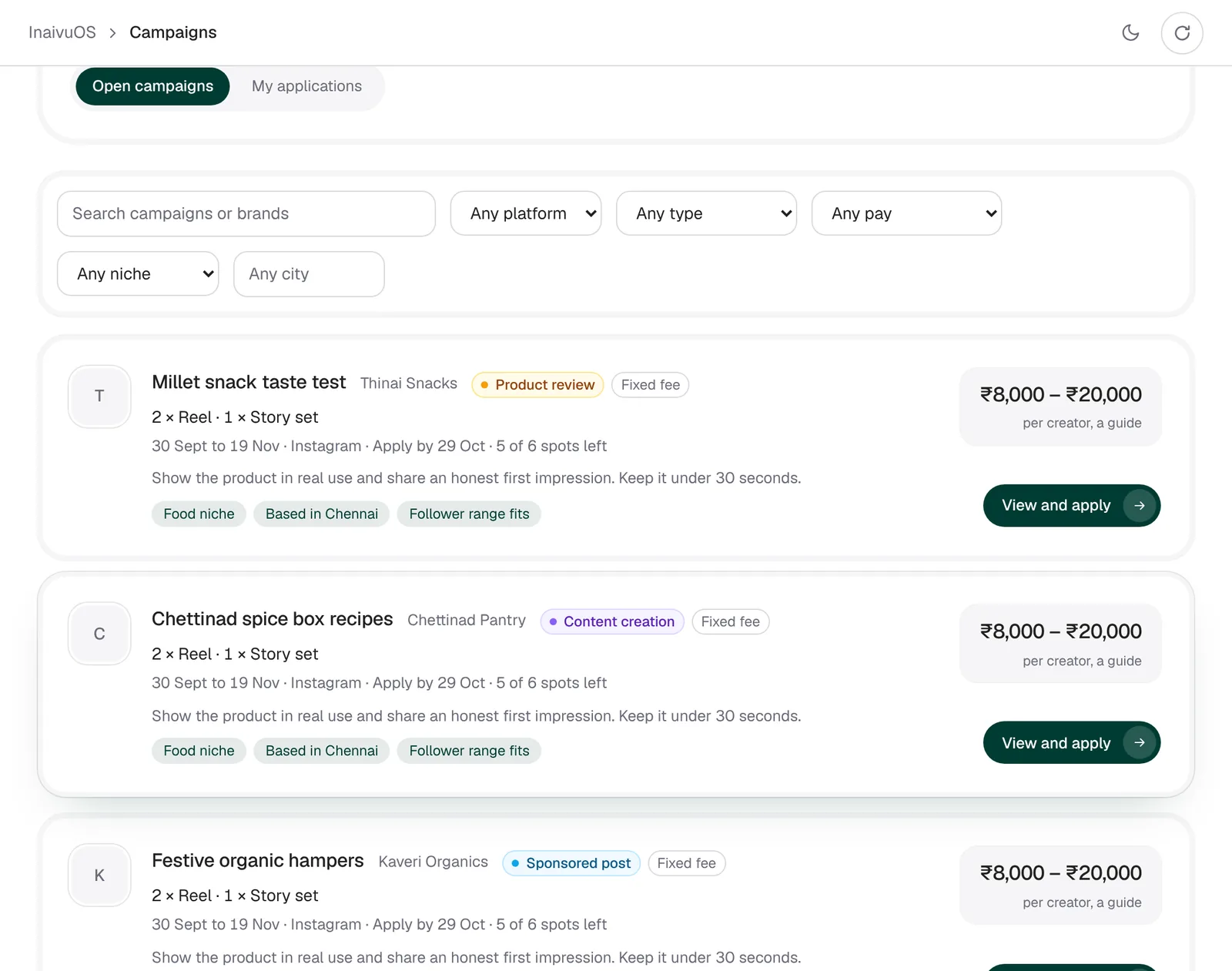 Open campaigns from brands with the pay range, deliverables and a View and apply button