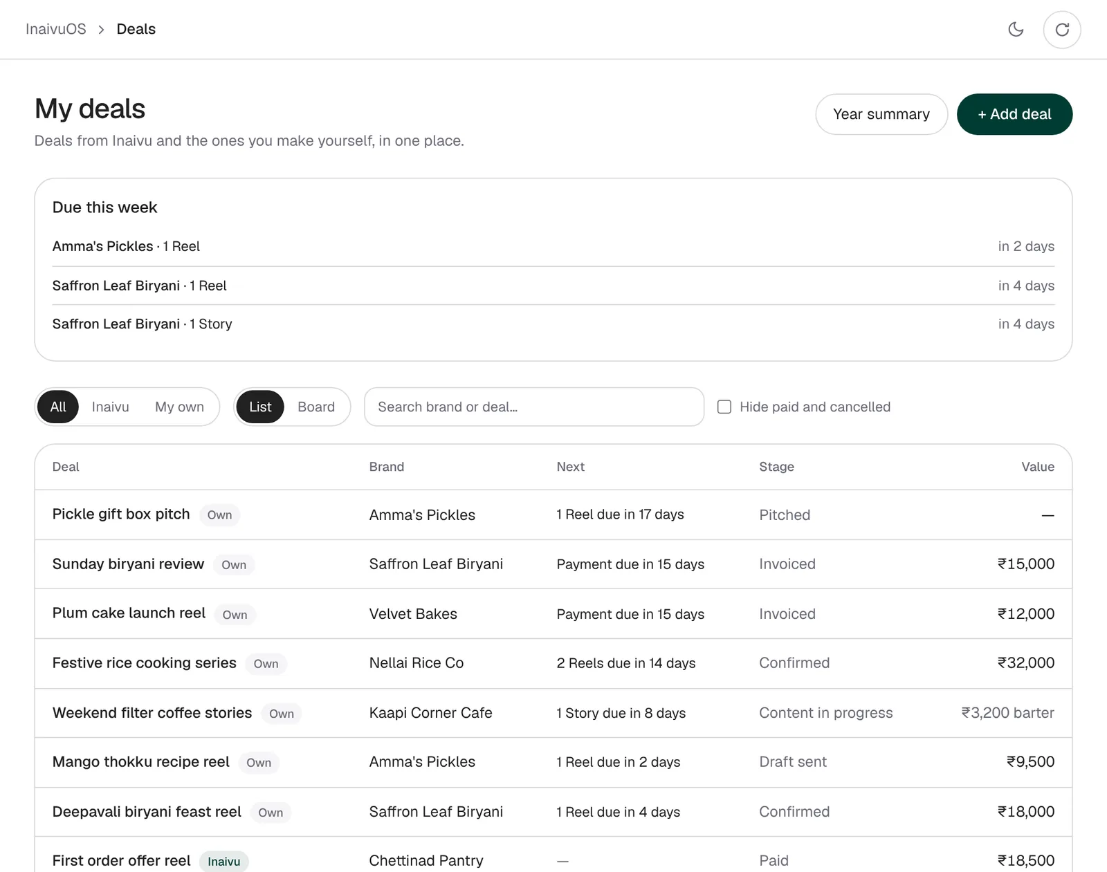 The My deals list with brand, next step, stage and value for each deal